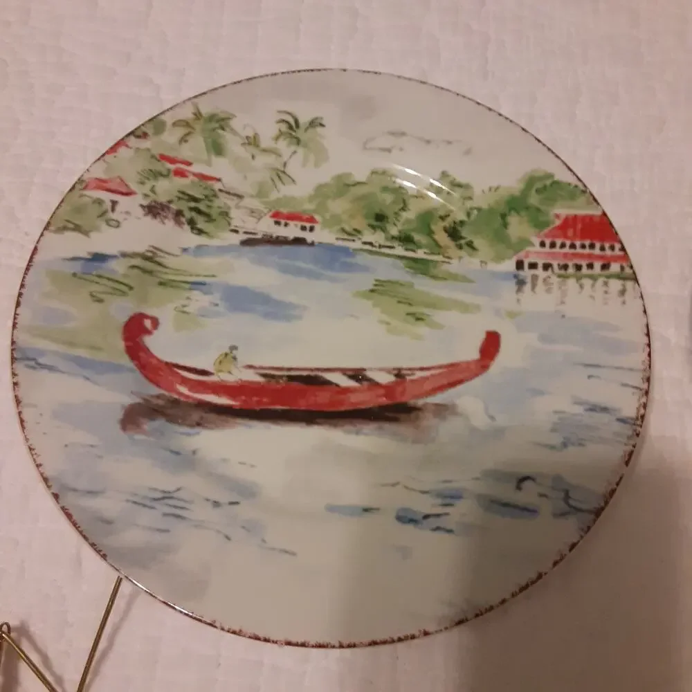 Pier 1 Destination Plates x4 Plus Hangers Travel Decorative Vibrant 7.5x7.5